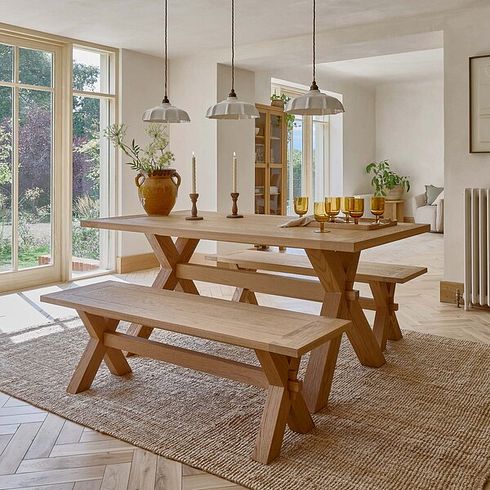 Highworth Natural Solid Oak Dining Table + 2 Highworth Natural Solid Oak Dining Benches