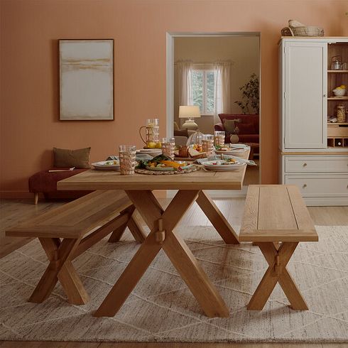 Highworth Natural Solid Oak Dining Table + 2 Highworth Natural Solid Oak Dining Benches