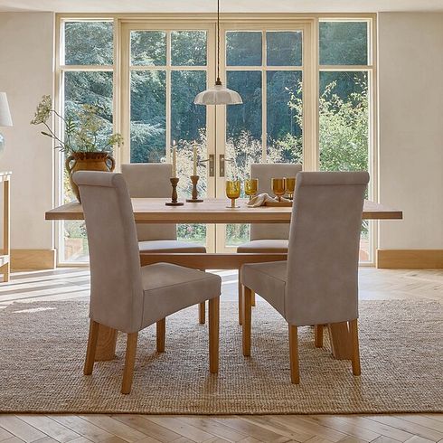 Highworth Natural Solid Oak Dining Table + 4 Scroll Back Chairs in Dappled Beige Fabric