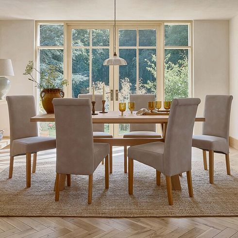 Highworth Natural Solid Oak Dining Table + 6 Scroll Back Chairs in Dappled Beige Fabric