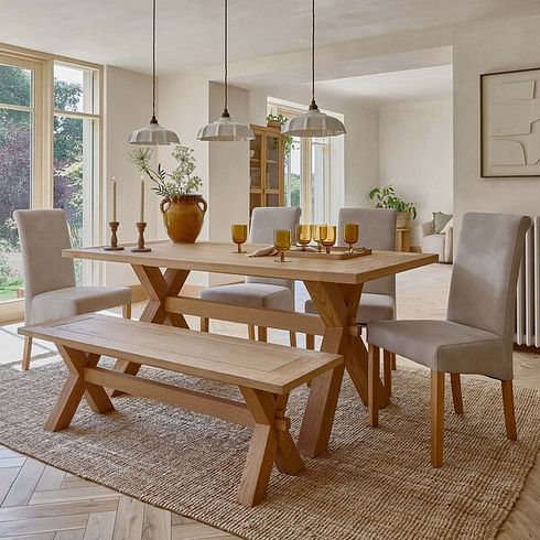 Highworth Natural Solid Oak Dining Table And 4 Scroll Back Chairs in Dappled Beige and 1 Highworth Bench