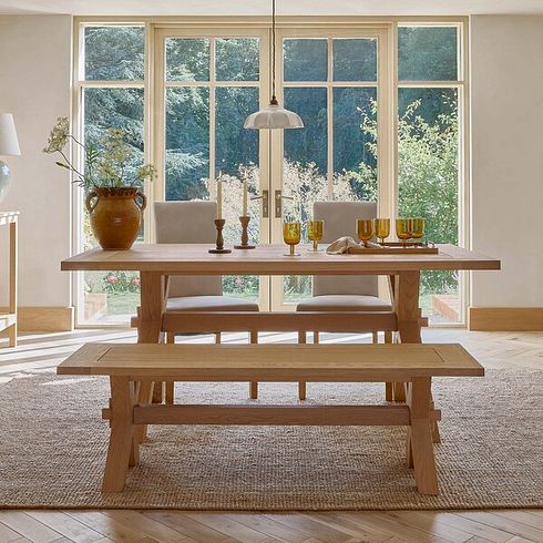 Highworth Natural Solid Oak Dining Table with 2 Scroll Back Chairs in Dappled Beige and 1 Highworth Bench 