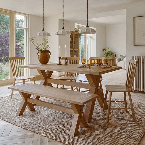 Highworth Natural Solid Oak Dining Table with 4 Kingham Chairs and 1 Highworth Bench