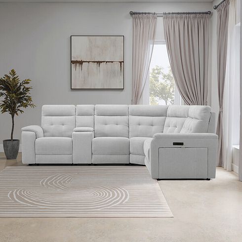 Juno Large Corner Electric Recliner Sofa With Wireless Charging Console and Power Headrests in Amigo Dove Fabric