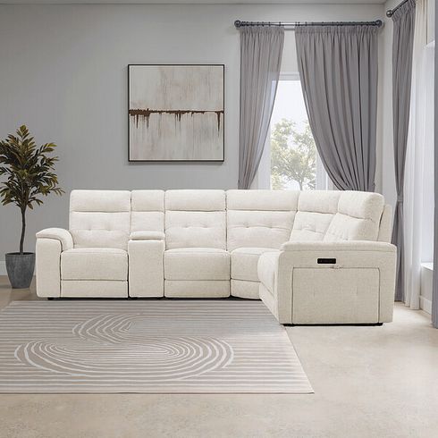 Juno Large Corner Electric Recliner Sofa With Wireless Charging Console and Power Headrests in Hopsack Natural Fabric