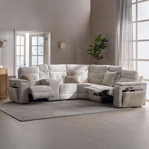 Juno Large Corner Electric Recliner Sofa With Wireless Charging Console and Power Headrests in Koto Turtle Dove Fabric