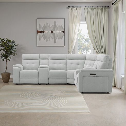 Juno Large Corner Electric Recliner Sofa With Wireless Charging Consoles and Power Headrests in Amigo Dove Fabric