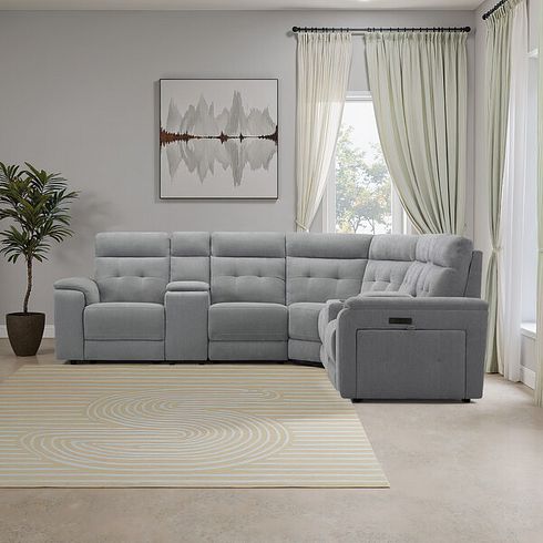 Juno Large Corner Electric Recliner Sofa With Wireless Charging Consoles and Power Headrests in Amigo Granite Fabric