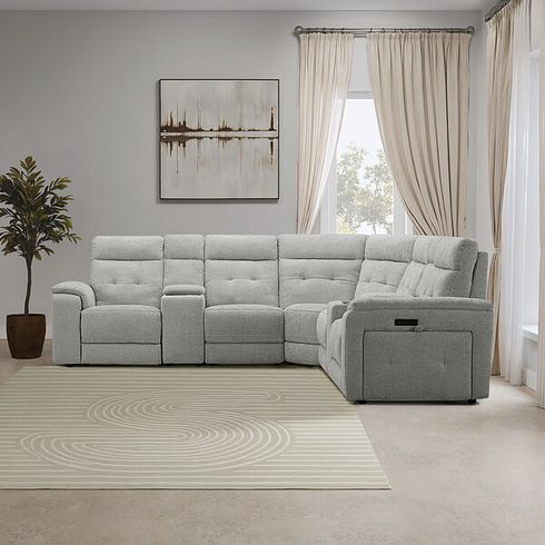 Juno Large Corner Electric Recliner Sofa With Wireless Charging Consoles and Power Headrests in Hopsack Dove Fabric