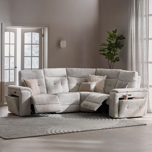 Juno Left Hand Corner Electric Recliner Sofa With Power Headrests in Koto Turtle Dove Fabric