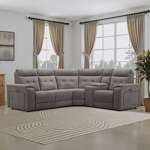 Juno Left Hand Corner Electric Recliner Sofa With Wireless Charging Console and Power Headrests in Amigo Cocoa Fabric