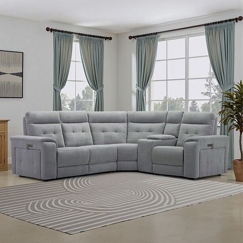 Juno Left Hand Corner Electric Recliner Sofa With Wireless Charging Console and Power Headrests in Amigo Granite Fabric