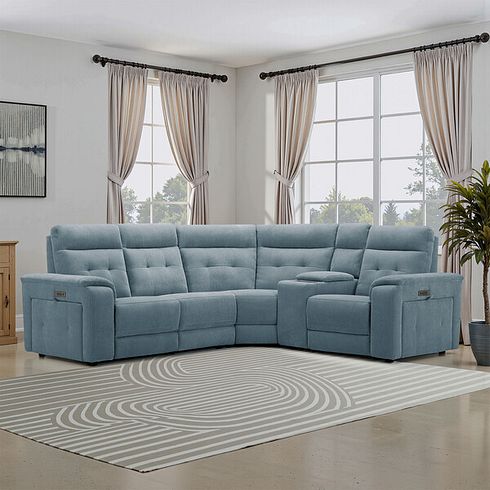 Juno Left Hand Corner Electric Recliner Sofa With Wireless Charging Console and Power Headrests in Amigo Mineral Fabric