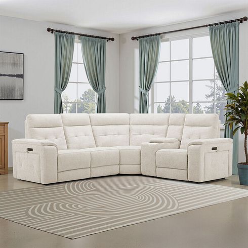 Juno Left Hand Corner Electric Recliner Sofa With Wireless Charging Console and Power Headrests in Hopsack Natural Fabric