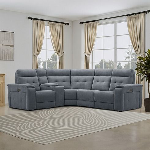 Juno Right Hand Corner Electric Recliner Sofa With Wireless Charging Console and Power Headrests in Amigo Coal Fabric