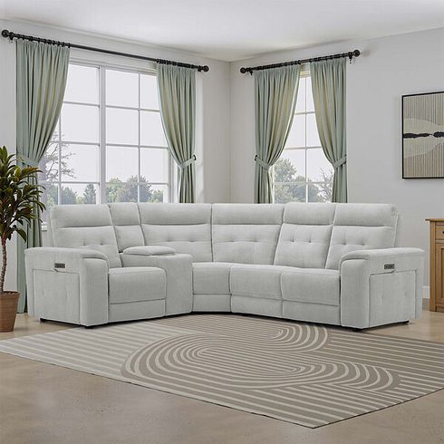 Juno Right Hand Corner Electric Recliner Sofa With Wireless Charging Console and Power Headrests in Amigo Dove Fabric