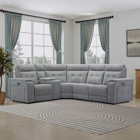 Juno Right Hand Corner Electric Recliner Sofa With Wireless Charging Console and Power Headrests in Amigo Granite Fabric