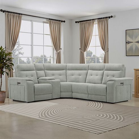 Juno Right Hand Corner Electric Recliner Sofa With Wireless Charging Console and Power Headrests in Amigo Sage Fabric