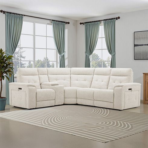 Juno Right Hand Corner Electric Recliner Sofa With Wireless Charging Console and Power Headrests in Hopsack Natural Fabric