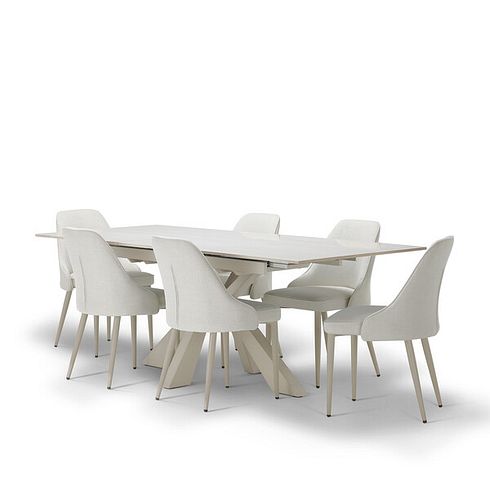 Kobi Ceramic Dining Table with 6 Aria Dining Chairs in Cream with Cappuccino Metal Legs