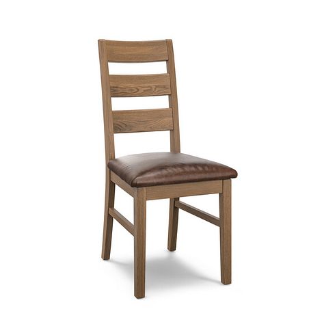 Linear Antique Finish Oak Chair with Vintage Brown Leather Look Seat