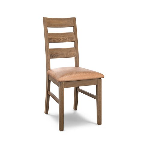 Linear Antique Finish Oak Chair with Vintage Tan Leather Look Seat