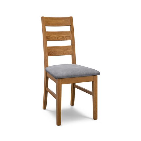 Linear Rustic Oak Chair with Dappled Silver Fabric Seat