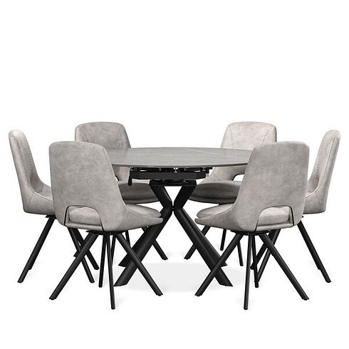 Lucia Ceramic Extending 4-6 Seater Swivel Dining Table in Matt Grey with 6 Nico Chairs in Light Grey