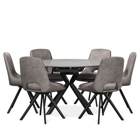 Lucia Ceramic Swivel Extending Round Dining Table in Matt Grey Finish 130cm + 6 Nico Swivel Dining Chair in Dark Grey with Black Metal Legs