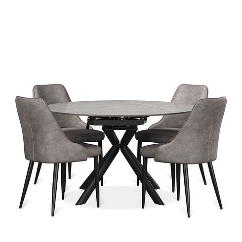 Lucia Ceramic Extending Round Dining Table in Matte Grey Finish 130cm with 4 Aria Dark Grey Chairs