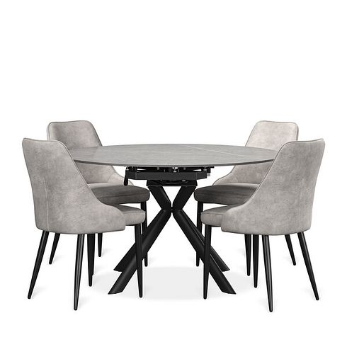 Lucia Ceramic Extending Round Dining Table in Matte Grey Finish 130cm with 4 Aria Light Grey Chairs