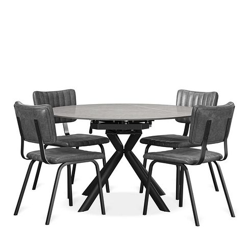 Lucia Ceramic Extending Round Dining Table in Matte Grey with 4 Mason Chairs in Black