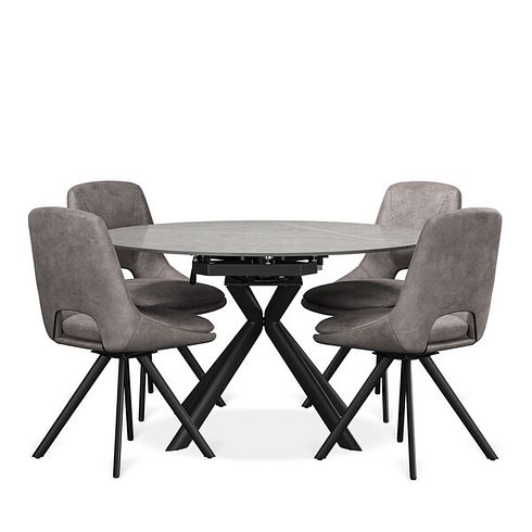 Lucia Ceramic Extending Round Dining Table in Matte Grey Finish 130cm with 4 Nico Dark Grey Chairs