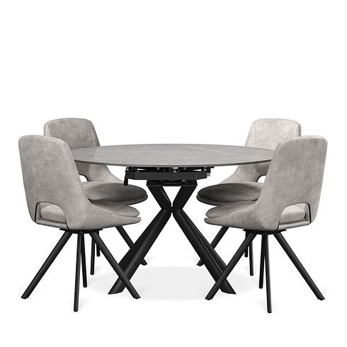 Lucia Ceramic Extending Round Dining Table in Matte Grey Finish 130cm with 4 Nico Light Grey Chairs