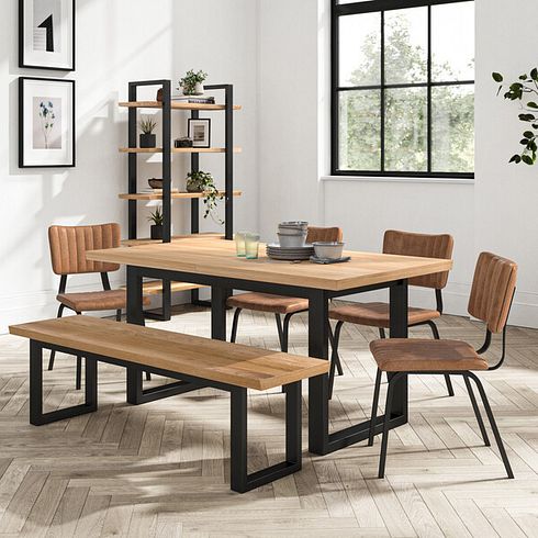 Maine Extending Dining Table 160-220cm + 1 Maine 160cm bench+ 4 Mason Chairs in Vintage Tan Leather-Look fabric with Black Legs