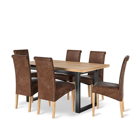 Maine Natural Oak & Metal Extending Dining Table and 6 Scroll Back Chairs in Vintage Brown Leather Look Fabric