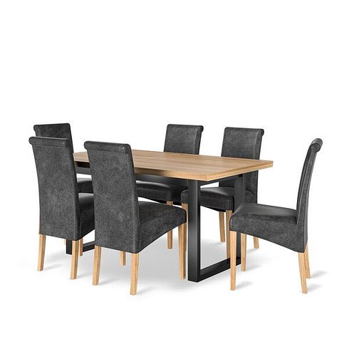 Maine Natural Oak & Metal Extending Dining Table with 6 Scroll Back Chairs in Vintage Black Leather Look Fabric