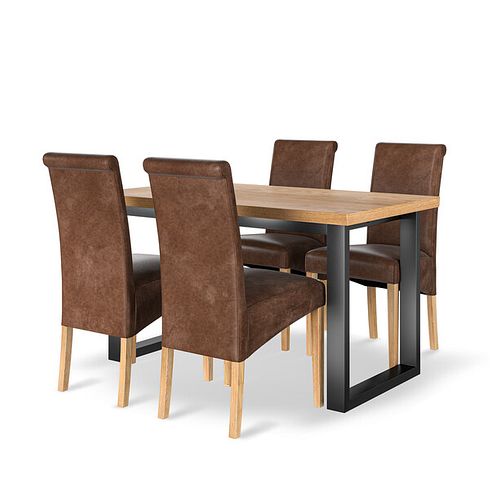 Maine Natural Oak & Metal Fixed Dining Table with 4 Scroll Back Chairs in Vintage Brown Leather Look Fabric