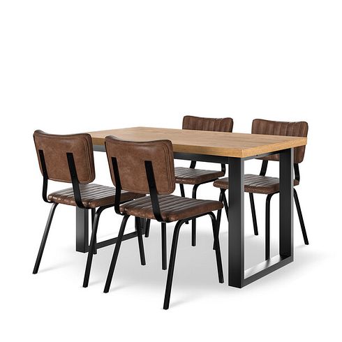 Maine Natural Solid Oak & Metal Fixed Dining Table 130cm + 4 Mason Chair Vintage Brown Leather-Look fabric with Black Legs