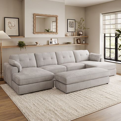 Marley Modular 4 Seater U-Shape Chaise Sofa in Lila Stone Fabric - Group 17
