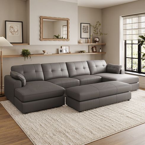 Marley Modular 4 Seater U-Shape Chaise Sofa in Oslo Elephant Grey Leather - Group 17