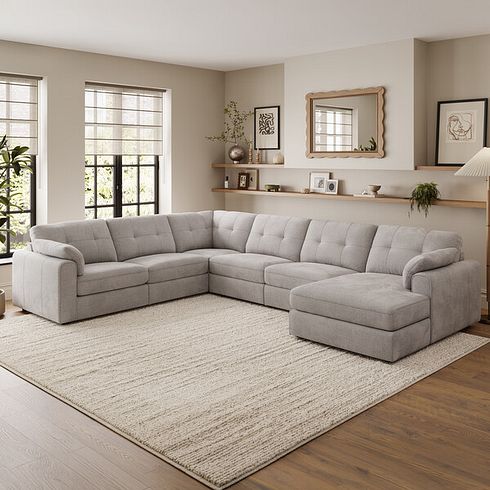 Marley Modular 6 Seater Right Hand Corner Sofa with Chaise in Lila Stone Fabric - Group 19