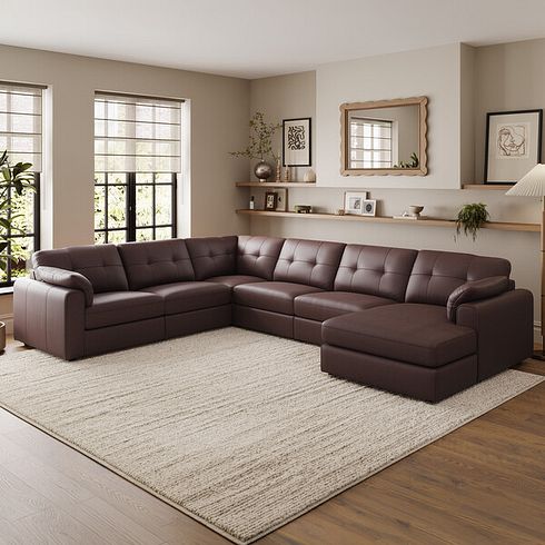 Marley Modular 6 Seater Right Hand Corner Sofa with Chaise in Oslo Chestnut Leather - Group 19
