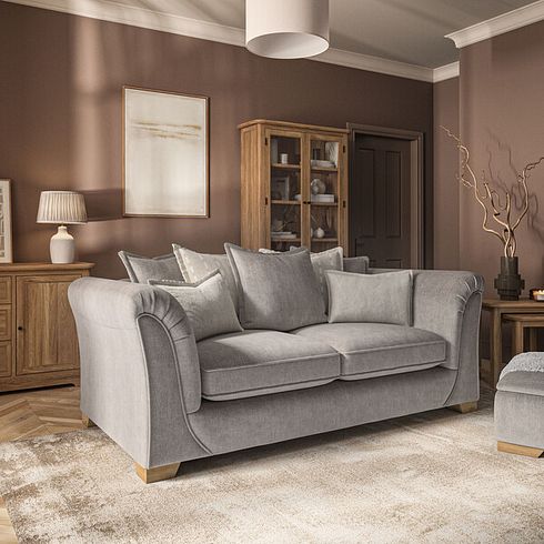 Milldale 3 Seater Pillow Back Sofa in Garda Acier Fabric with Linen Scatters