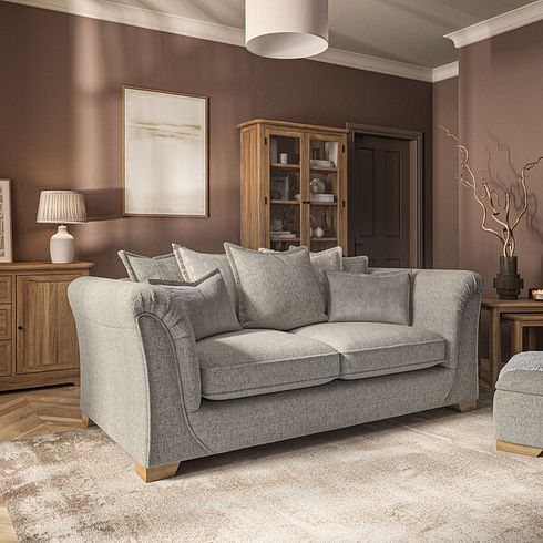 Milldale 3 Seater Pillow Back Sofa in Milo Mink Fabric with Linen Scatters
