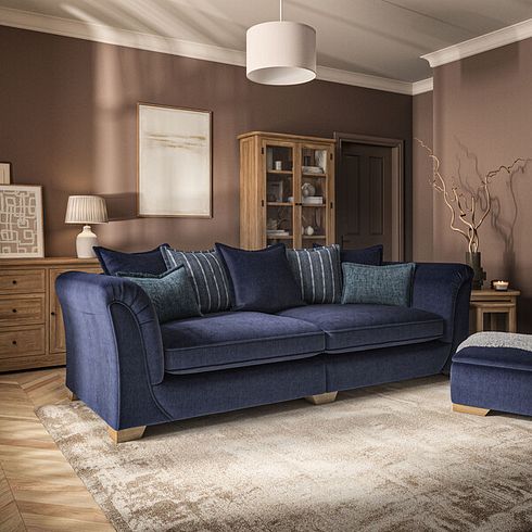 Milldale 4 Seater Pillow Back Sofa in Garda Atomic Fabric with Navy Scatters
