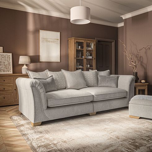 Milldale 4 Seater Pillow Back Sofa in Milo Cream Fabric with Linen Scatters