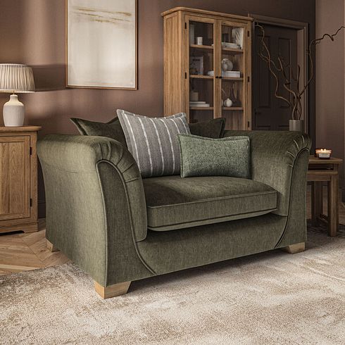 Milldale Pillow Back Loveseat in Garda Seaweed Fabric with Earth Scatters