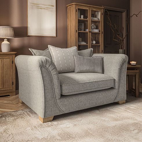 Milldale Pillow Back Loveseat in Milo Mink Fabric with Linen Scatters
