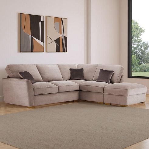 Nebraska Left Hand Corner High Back Sofa with Storage Footstool in Aero Fawn with Cedar Scatters